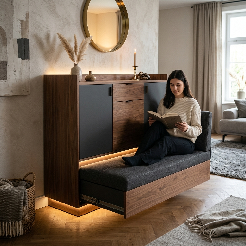 Side cabinet with built in pull out seating, an elegant freestanding storage piece that reveals hidden compact chairs from within its structure -- perfect for temporary entertaining without the clutter of standalone folding furniture